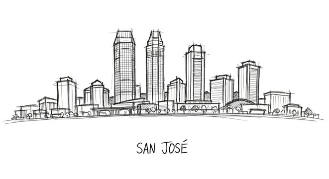 Artistic hand-drawn city skyline illustration of San Jos? featuring skyscrapers and urban landscape design