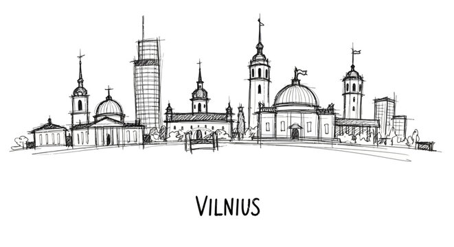 Artistic pen sketch of Vilnius city skyline featuring historic church towers and modern architecture during daylight