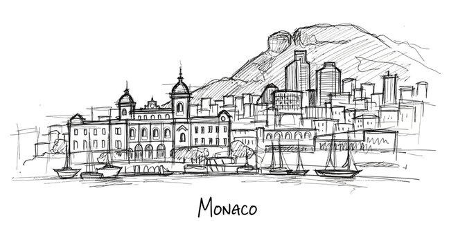 Detailed sketch of monaco showcasing historic architecture alongside modern cityscape nestled against a mountain backdrop