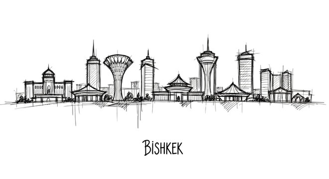 Minimalistic Hand-Drawn Skyline Illustration Highlighting Bishkek's Architectural Landmarks