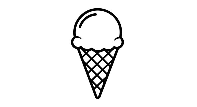 Delicious single scoop ice cream cone line art, simple black and white graphic vector illustration for dessert concepts
