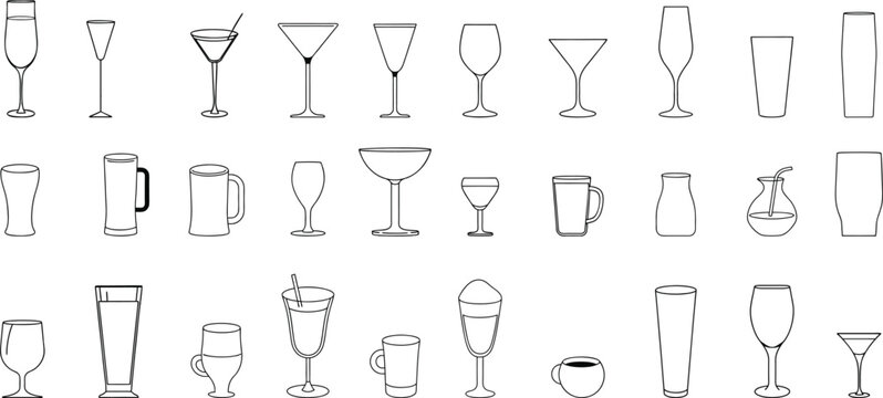 Drinkware and glassware icon set with wine glasses, cocktails, mugs and cups, editable vector collection of outline beverage icons, minimal line style for bar menu,  branding, restaurant design an