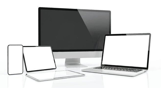 Various electronic devices arranged for modern technology concept with white background multiple devices computer smartphone technology connected