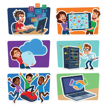 Digital Platform Cooperative Technology Network Set Of Six Funny Caricature Stickers Flat Vector Art Exaggerated Developers Coding Cloud Computing Online Community