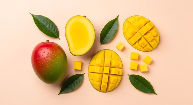 Komposisi flatlay buah mangga utuh dan irisan dadu dengan daun hijau di latar warna persik