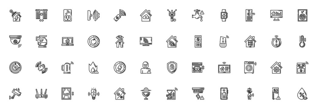 Smart home icon set. Domotics vector icons pack. Minimal line icons for solar panel, thermostat, security, automation, appliances and more. Editable stroke.