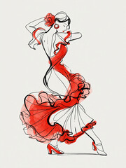 Obraz premium Elegant flamenco dancer sketch with bold red watercolor accents