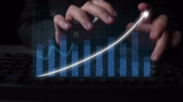 A focused view of hands typing on a keyboard with an overlay of a rising graph trend, showcasing the importance of data analysis in a modern business environment. Copula
