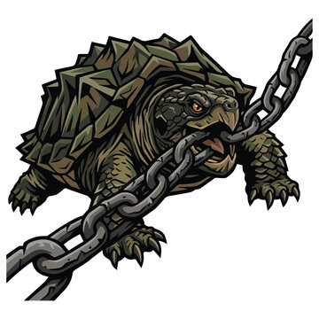 Powerful snapping turtle biting a heavy metal chain with a fierce expression, symbolizing strength and resilience