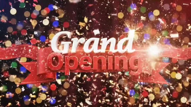 Grand Opening Celebration with Confetti Explosion and Festive Lighting.