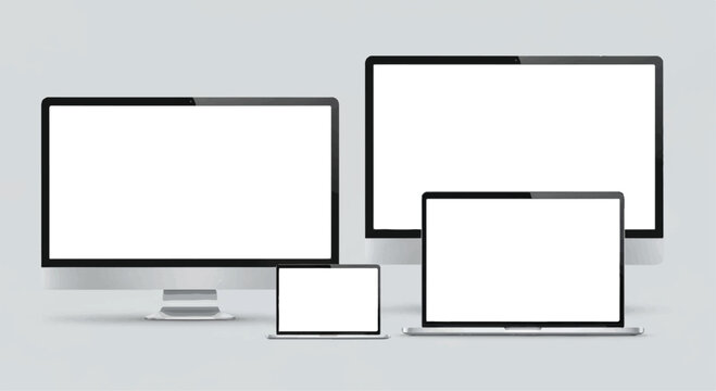 Set of electronic devices including desktop computer monitors and laptop with blank screens on a neutral background electronic computer template
