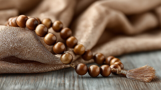 Wooden Tasbih Prayer Beads on Soft Beige Fabric