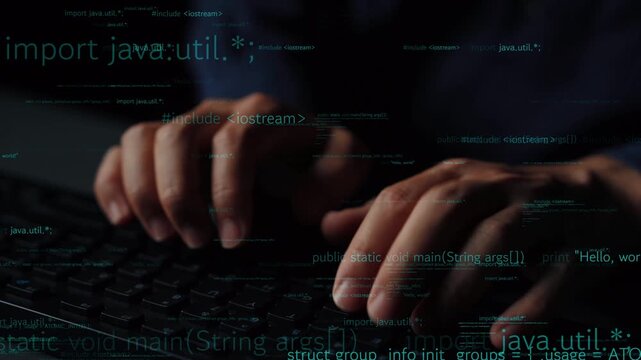 Close-up view of a person hands skillfully typing Java code on a keyboard. The image captures the essence of software development and coding in a dark, focused environment. Xenic