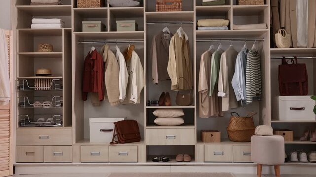 Wardrobe with different stylish clothes and home stuff indoors, zooming in
