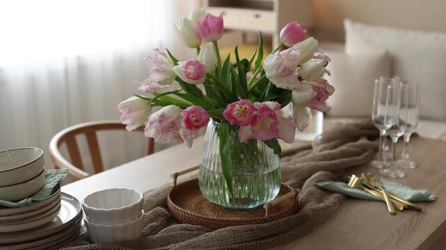 Stylish table setting with beautiful tulips, dishware and glasses in dining room. Camera moving forward
