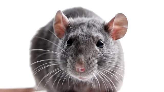 Closeup portrait of a gray rat with whiskers on a white background.