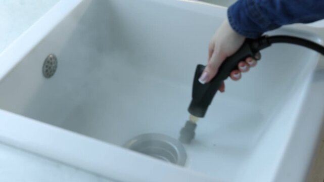 Woman cleaning white sink with steam cleaner at home, closeup. Camera moving forward and backwards