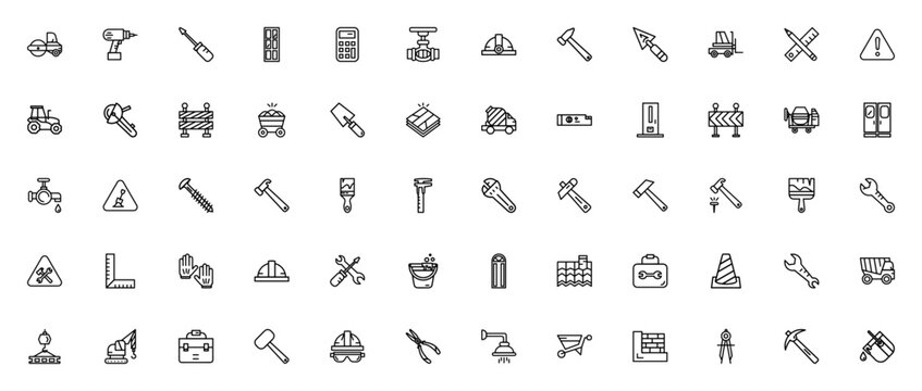 Construction icon set. Vector tools and equipment collection. Includes symbols for hammer, crane, helmet, drill, saw, wrench, truck, safety and more. Editable stroke.