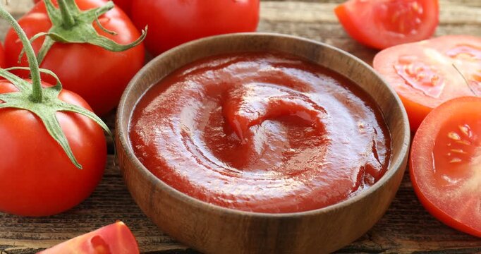Delicious ketchup in bowl and tomatoes on wooden table, closeup. Camera moving in