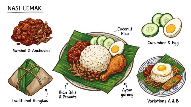 Delicious Nasi Lemak Illustration A Culinary Journey Through Malaysian Cuisine.