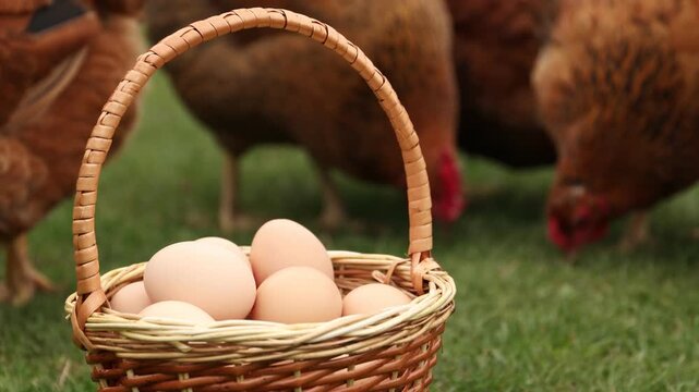 Fresh chicken eggs in wicker basket and hens feeding in yard, closeup