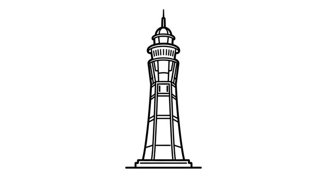 Ornate observation tower line art illustration. Black and white architectural structure icon. Vector drawing for design projects.