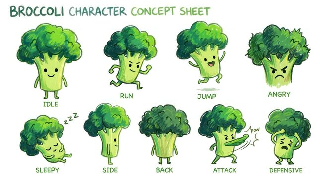 Cute Broccoli Character Concept Sheet Depicting Various Emotions and Actions.
