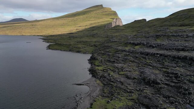 Cinematic 4K aerial drone soaring over the rugged cliffs of Bosdalafossur, Faroe islands