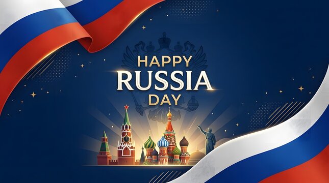 A collection of festive, high-quality graphic designs celebrating Russia Day (June 12), featuring the Russian tricolor flag, national emblem, golden laurel wreaths, and iconic architectural landmarks 