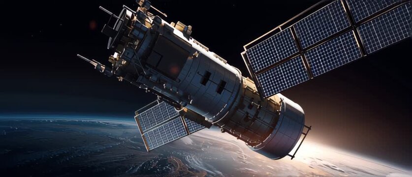 Satellite orbiting Earth with solar panels in space