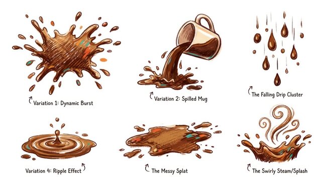 Illustration of Coffee Splashes and Spills with Dynamic Burst and Ripple Effects.