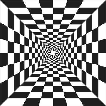 Black and white checkerboard optical illusion tunnel background abstract vector