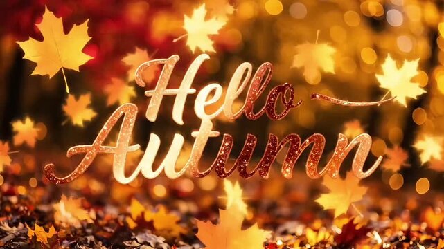 Hello Autumn: Golden Maple Leaves Falling in a Beautiful Autumn Forest Landscape with Bokeh Background.