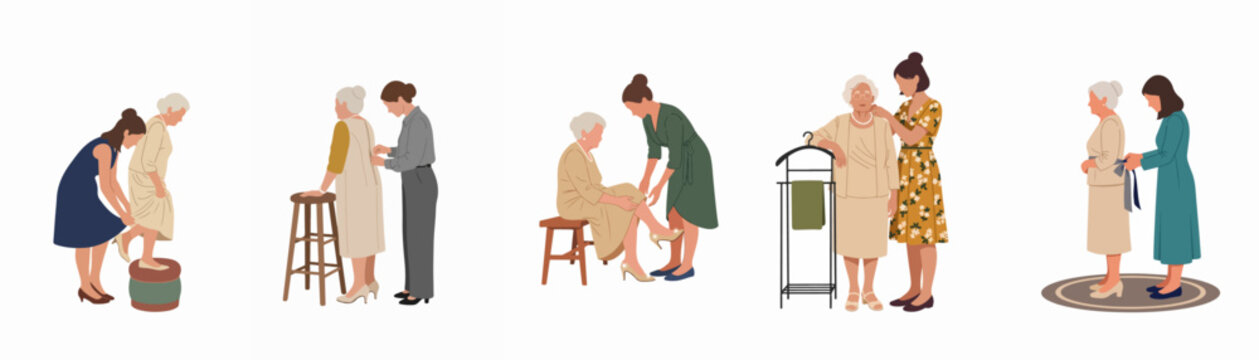 Set of Illustrations Showing a Caregiver Assisting an Elderly Woman with Dressing and Getting Ready, Isolated on White Background
