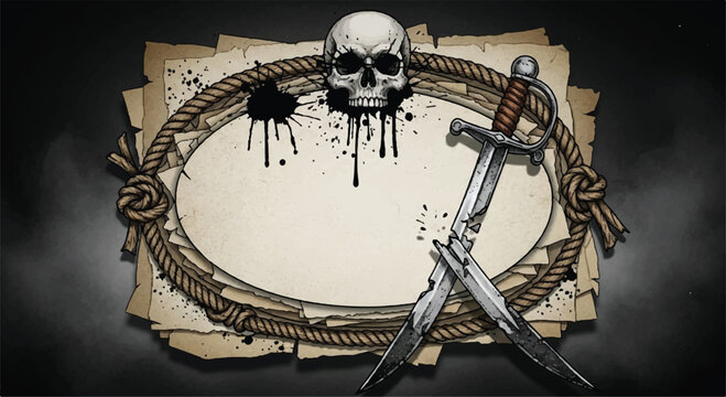 Pirate theme graphic with skull crossed swords rope frame danger sign pirate flag pirate ship pirate treasure rope border adventure maritime