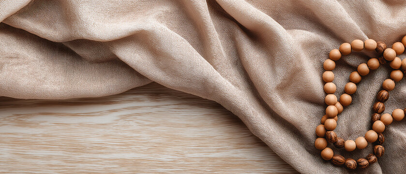 Wooden Prayer Beads on Beige Fabric with Minimal Copy Space