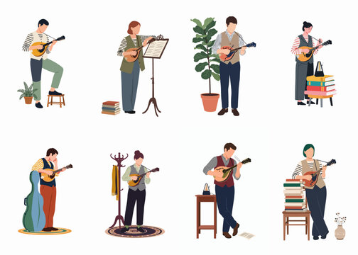 Collection of flat vector illustrations featuring diverse musicians playing the mandolin in various settings with musical accessories like metronomes and sheet music.