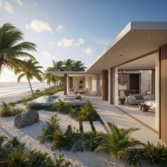 Fototapeta premium Luxurious Beachfront Villa with Modern Architecture and Landscaping.