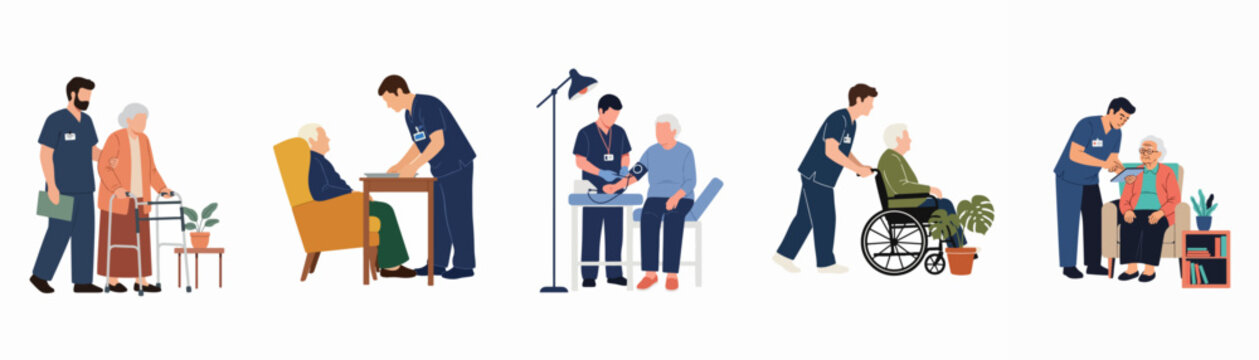 Flat vector illustration of male nurses providing care and medical assistance to elderly people in various home and healthcare settings.