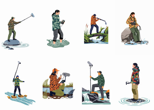 Illustrations of professional sound recordists in camouflage gear capturing nature sounds at various river and waterfall locations with boom microphones and recorders.
