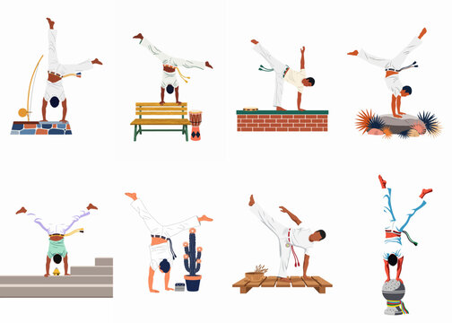 A collection of illustrations showing people performing capoeira in various outdoor settings, highlighting the dynamic movements and traditional attire of the martial art.