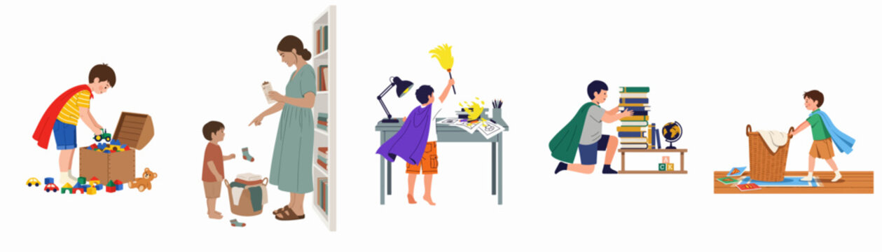Vector illustrations of young children dressed as superheroes performing various household chores like cleaning, laundry, and tidying up around the home.
