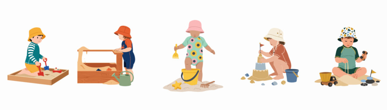 Set of colorful illustrations featuring toddlers and children playing in the sand with buckets, shovels, and toys, wearing sun hats and swimsuits.