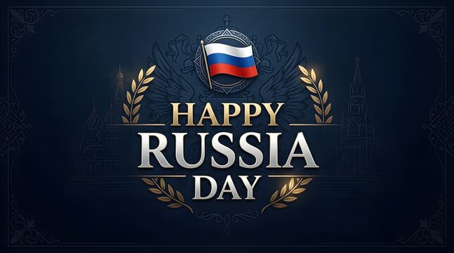 A collection of festive, high-quality graphic designs celebrating Russia Day (June 12), featuring the Russian tricolor flag, national emblem, golden laurel wreaths, and iconic architectural landmarks 