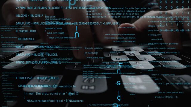 Close-up of hands typing on a keyboard with streams of code and data overlay, illustrating the fast-paced world of technology and digital communication. Xenic