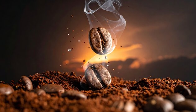 Coffee beans on brown background with smoke.
