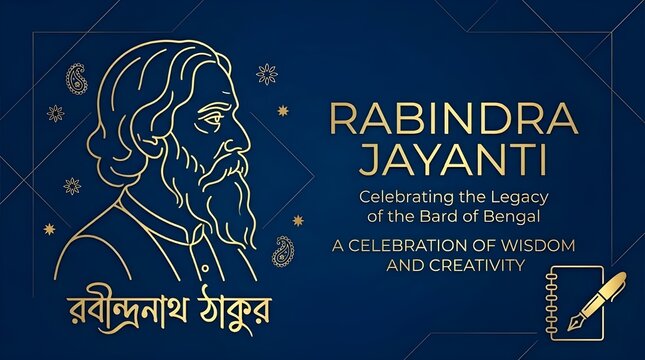 Rabindra Jayanti Celebration, Birth Anniversary of Rabindranath Tagore, Minimalist Line Art Portrait Illustration