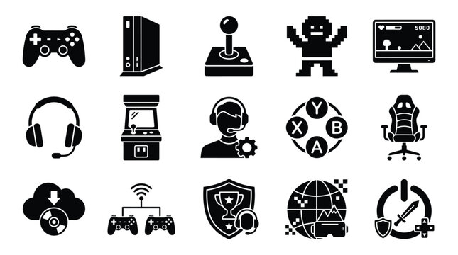 A collection of black and white icons representing various aspects of video gaming, including consoles, controllers, and accessories.