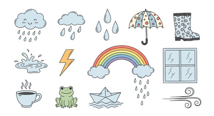 Obraz premium A whimsical collection of hand-drawn weather-related icons and illustrations, including clouds, rain, a rainbow, and a frog.