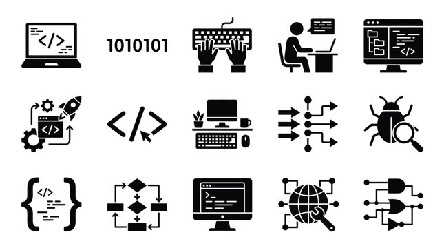 Collection of icons representing programming, coding, software development, and debugging processes.
